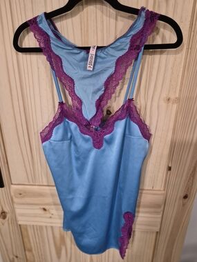 Victoria's Secret Blue Satin Chemise with Purple Lace Trim